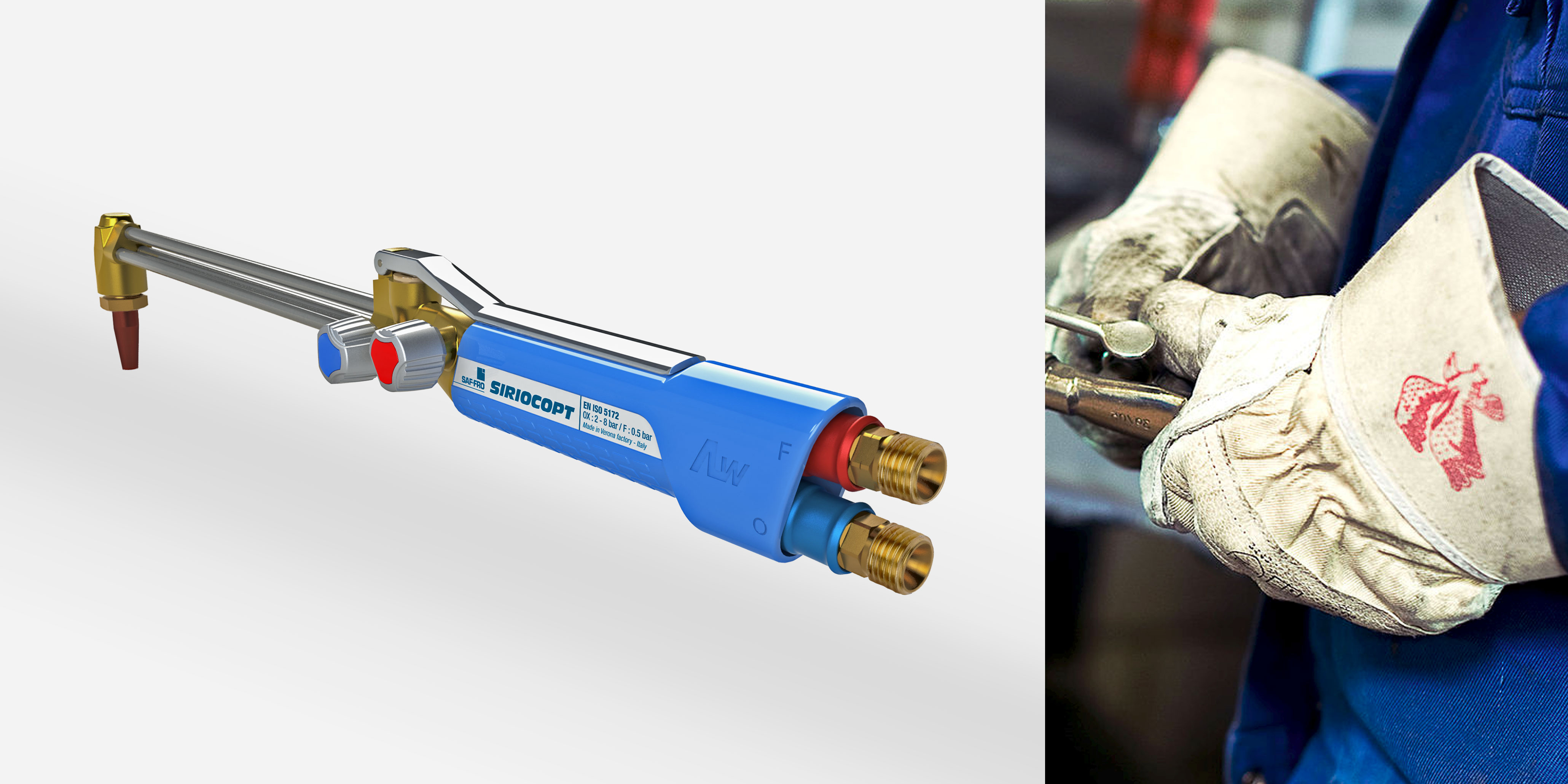 Air Liquide SAF-FRO Siriocopt oxygen cutting blowpipe with ergonomic activation lever design by quickpartners for use with heavy protection gloves on white background version with lever