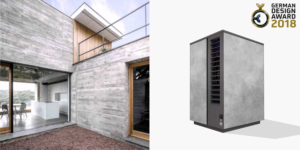 Glen Dimplex System M range of modular air water heat pumps design quickpartners with concrete like eternit panels for perfect fit to modern architecture german design award 2018