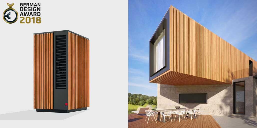 Glen Dimplex System M range of modular air water heat pumps design quickpartners in cooperation vince and vert with wood panels for esthetic fit to modern architecture german design award 2018