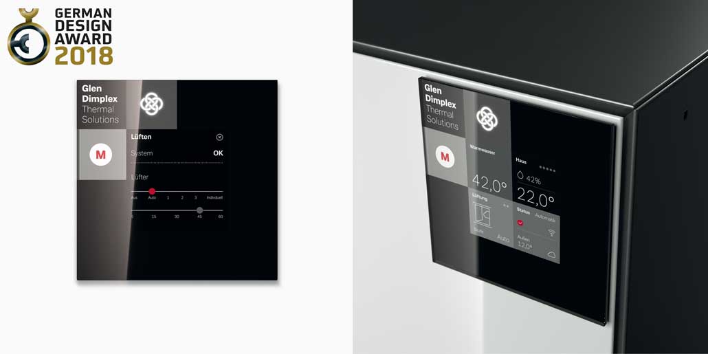 Glen Dimplex System M range of air water heat pumps with high resolution touch control display and remote control via app german design award 2018