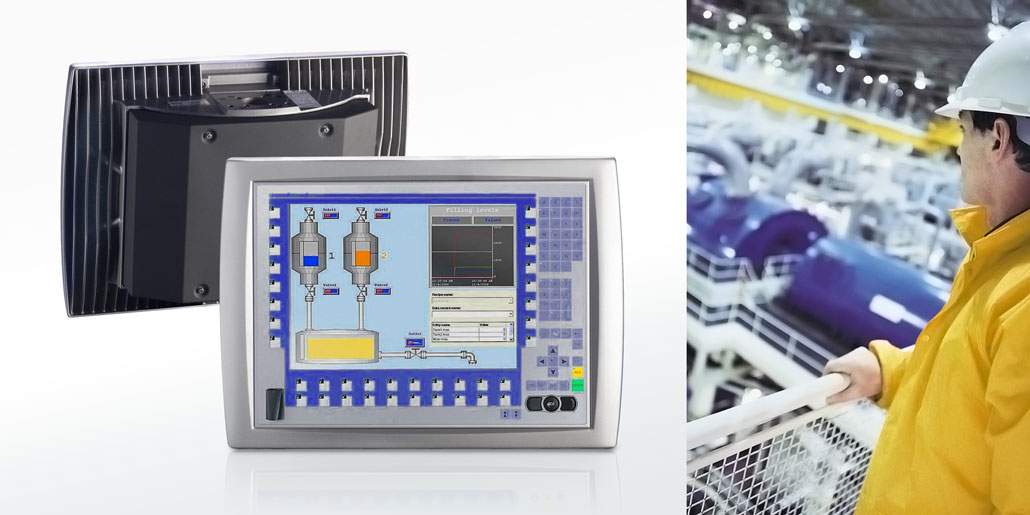 Leukhardt MSC Housing for fan-less industrial PC in aluminum cast-mold housing design and Surface modeling quickpartners. Housing with IP55 protection level and in the design integrated handles and heat sink. Seen from front and back with machine control screen in power plant