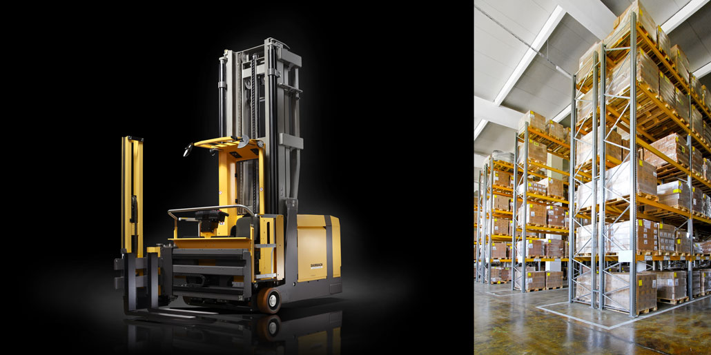 Narrow aisle forklift truck for Dambach Industries with new modular cabin assembly structure for efficient just in time production process. Innovative opening mechanism of machine housing