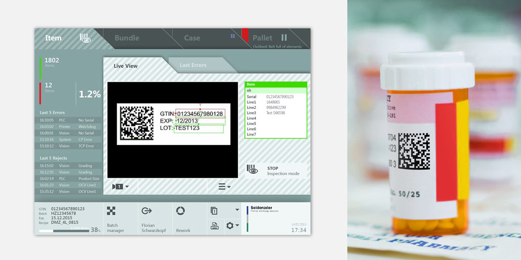 Track and trace software with interaction (IxD) and interface (UI) design by Holger Quick, quickpartners for Seidenader optimized for great user experience (UX). Screen of item expert in inspection mode. The vision technology verifies the presence, readability, correctness of data printed to the aggregated bundle items. Clear and easy to read information layout and consistent navigation makes this software extremely intuitive and easy to use.