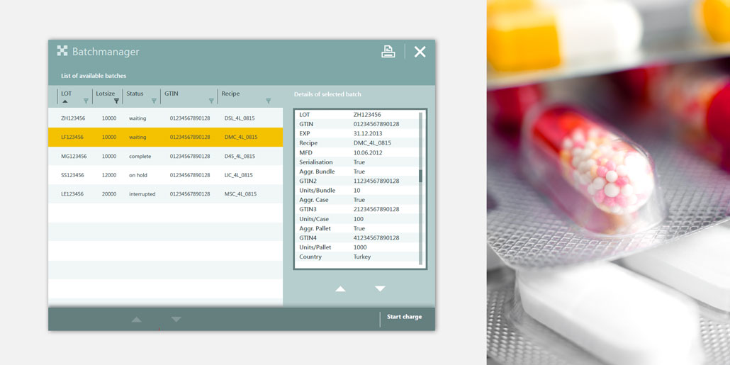 Track and trace software with interface designed by quickpartners for Seidenader. The screen shows the batchmanager. The clear information design helps to interpret the data easily. A consistent navigation assures positive user experience. The screen corresponds to the consistent corporate software design theme, which was outlined beforehand. Pile of pills beside a green sample screen.