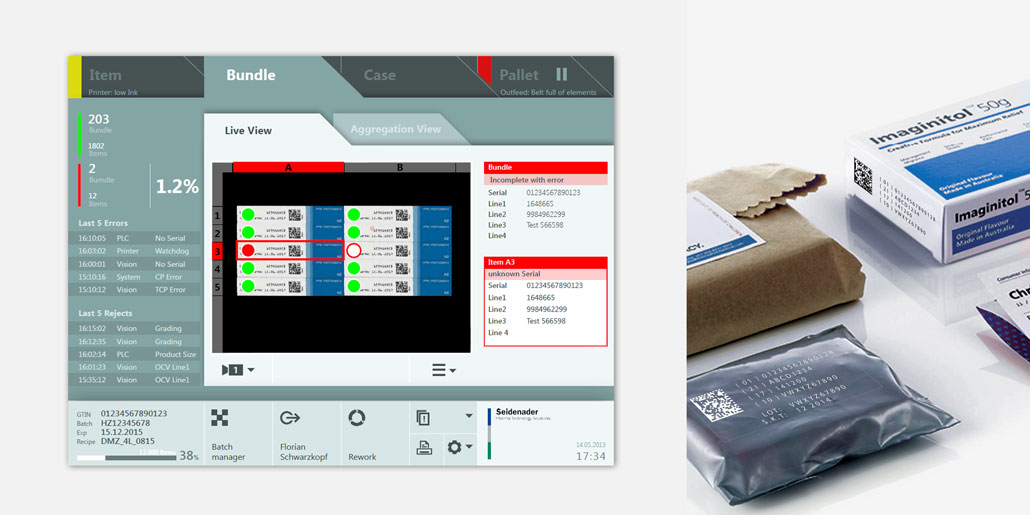 Track and trace software with interaction (IxD) and interface (UI) design by Holger Quick, quickpartners for Seidenader with a high value of usability. The screen shows the bundle expert module. The vision technology verifies the presence, readability, correctness of data printed to the aggregated bundle items. Clear easy to read information and consistent navigation makes this software extremely easy to use.