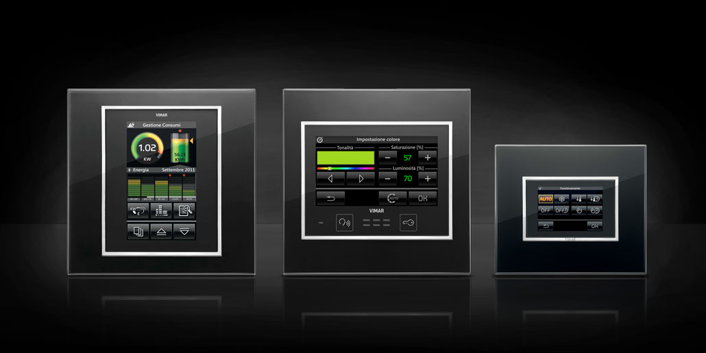 The same user experience on any platform. Vimar Byme home automation design quickpartners+. Energy management, light control and ambient control with Eikon Evo black glass on black background