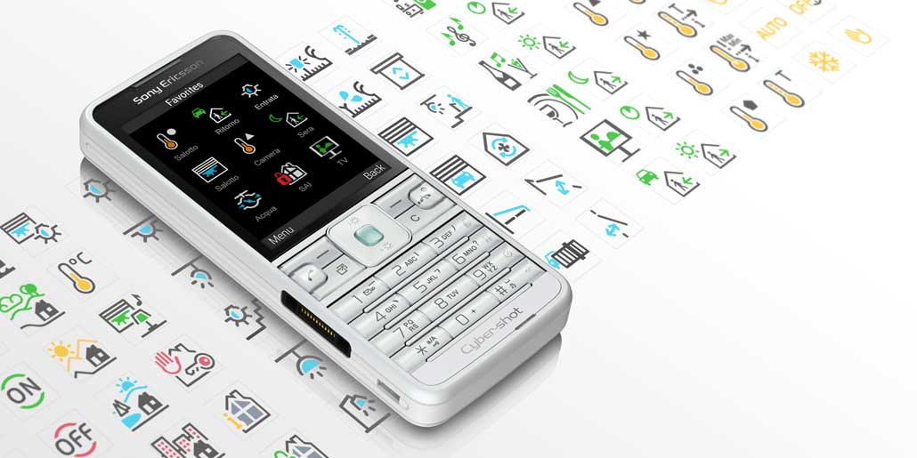 Vimar By-Phone App for remote control of automated homes with SMS and GSM cellphones and smartphones. Large multicolor or bi-color pictogram and icon system and graphic language coordinated with Byme. Example of favorite page on cell phone over icon gallery