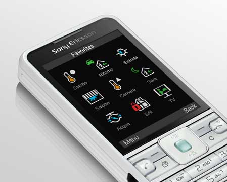 Vimar By-Phone App for remote control of automated homes with SMS and GSM cellphones and smartphones. Large multicolor or bi-color pictogram and icon system and graphic language coordinated with Byme. Example of favorite page on cell phone