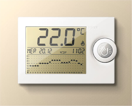 Vimar thermostat with mechanical levers for simplified programming and large LCD display for maximum readability with push wheel user interaction design by quickpartners