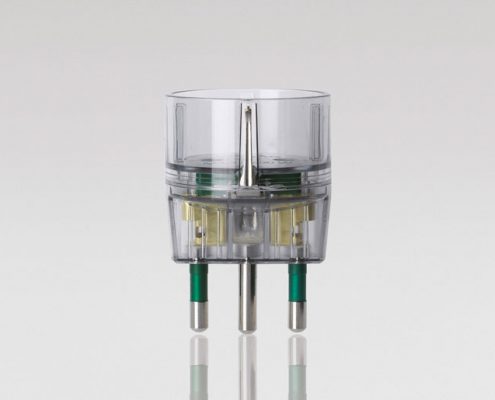 Vimar Supernova range of power adaptors for different international standards with Sicury and with coherent product design by quickpartners transparent smoke version front