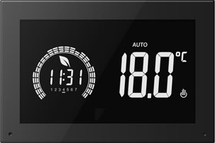 Flush mounted timer thermostat Clima & Energy for series Eikon, Arke and Plana with LCD Display product design and interface design by quickpartners for Vimar. The Background light of the LCD display may be set to changes color in function of set temperature giving incentive to the user to make energy consumption savings. The thermostat is programmable comfortably by app via audio interface.