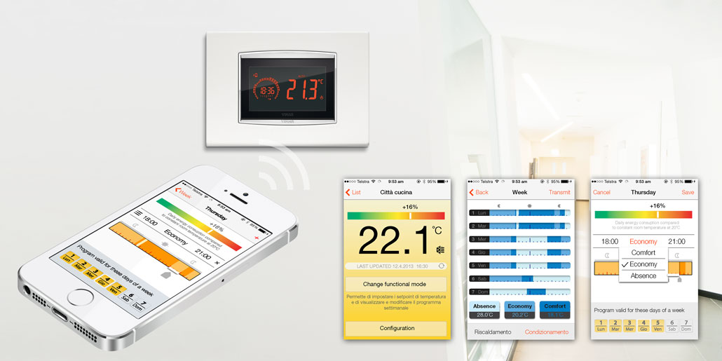 App for iOS and Android for comfortable setup and programming of thermostat Clima & Energy of Vimar designed by quickparters. The User Interface is optimized for highly satisfactory user experience and clear user guidance. Some samplescreens show setpoint, cooling program and timer setup.