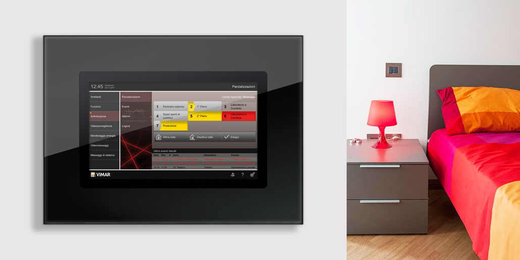 Vimar Webserver By-me responsive web-application for management of automated homes on multimedia touch screen. Example of alarm system on Vimar VTS10 in bedroom with red lamp