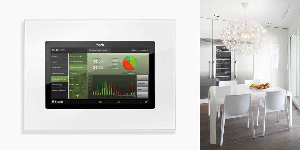 Vimar Webserver By-me responsive web-application for management of automated homes on multimedia touch screen. Example of Energy Monitor on Vimar Multimedia touch screen in white kitchen with wine cooler