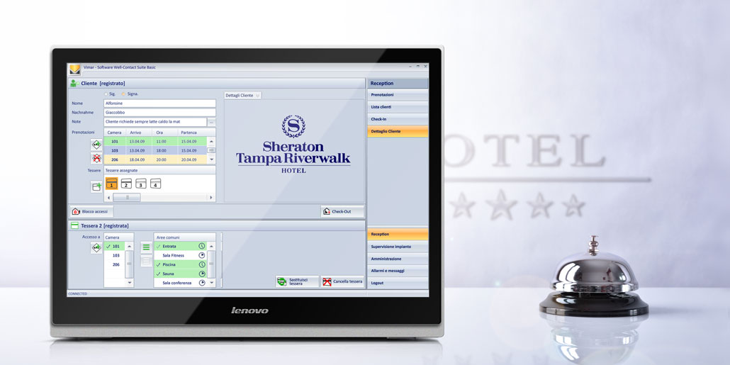 Vimar Well-Contact Plus Software for centralized management of KNX-equiped buildings e.g. hotels. Interface design quickpartners. Sample Screen with room and access management on white hotel reservation desk and bell