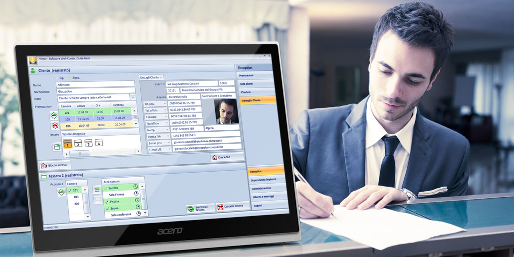 Vimar Well-Contact Plus Software for centralized management of KNX-equiped buildings e.g. hotels. Interface design quickpartners. Sample Screen with client registration, room and access management on hotel desk with young male guest