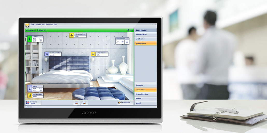 Vimar Well-Contact Plus Software for centralized management of KNX-equiped buildings e.g. hotels. Interface design quickpartners. Sample Screen light temperature and energy management of a single room. Touch screen on hotel desk with people in the lobby