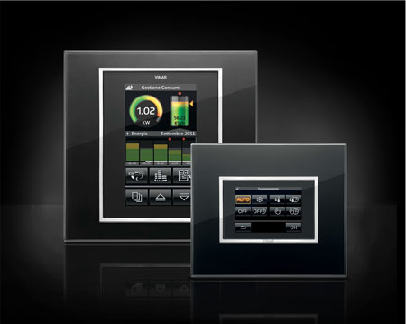 The platform may vary, the design language remains the same. Vimar Byme Touchpanels design quickpartners+. Energy management and light control with Eikon Evo black glass on black background